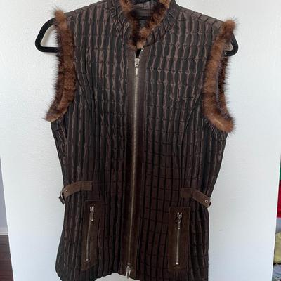 Dark Brown Quilted Vest with Mink and Suede Trim S/M