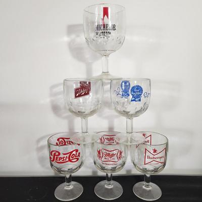 6 Heavy Glass Thumb Print Goblets Barware Schlitz Miller High Life Budweiser Pabst Blue Ribbon Pepsi Cola