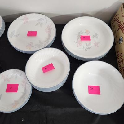 Large lot of Corning Corelle Pink Trio Plates, Cups Saucers Bowls Servers