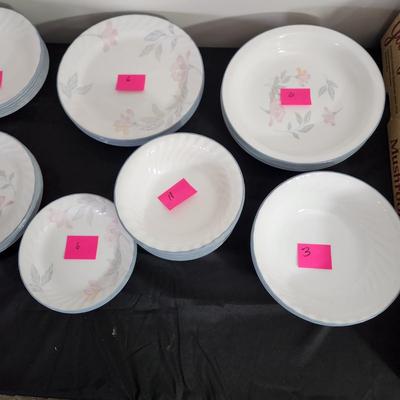 Large lot of Corning Corelle Pink Trio Plates, Cups Saucers Bowls Servers