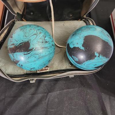 Vintage Brunswick Duckpin Bowling Balls Case and Shoes 8.5
