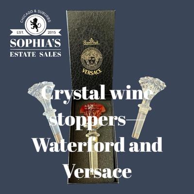 Lot of 3 Crystal Wine Bottle Stoppers, Waterford and Versace