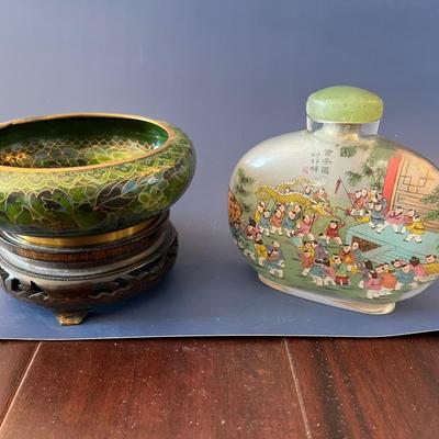 Cloisonné Bowl and Chinese Painted Glass Perfume Bottle