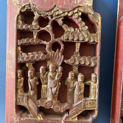 Pair of Antique Chinese Red and Gold Panels