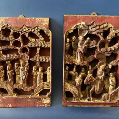 Pair of Antique Chinese Red and Gold Panels