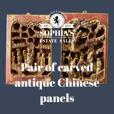 Pair of Antique Chinese Red and Gold Panels