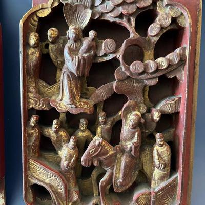 Pair of Antique Chinese Red and Gold Panels