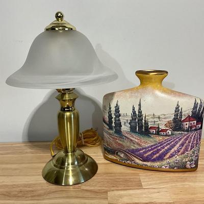 Brass Lamp and Hand painted vase