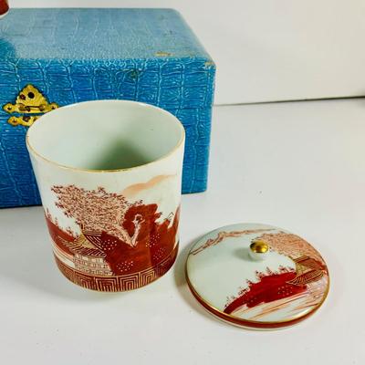 LOT 512: Vintage Japanese Silk and Embroidered Hankies and Robe, Kutani-ware Porcelain Cups with Lids, Lacquer Chop Sticks with Case,