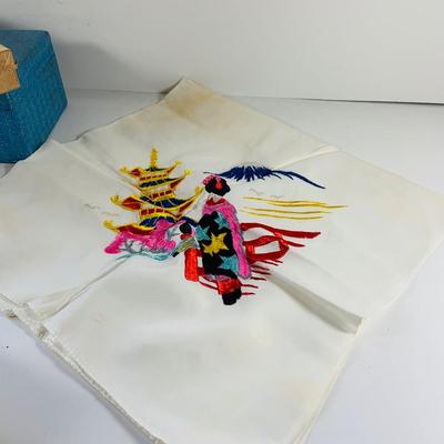 LOT 512: Vintage Japanese Silk and Embroidered Hankies and Robe, Kutani-ware Porcelain Cups with Lids, Lacquer Chop Sticks with Case,