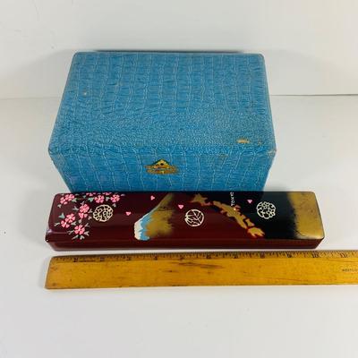 LOT 512: Vintage Japanese Silk and Embroidered Hankies and Robe, Kutani-ware Porcelain Cups with Lids, Lacquer Chop Sticks with Case,