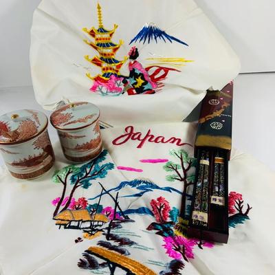 LOT 512: Vintage Japanese Silk and Embroidered Hankies and Robe, Kutani-ware Porcelain Cups with Lids, Lacquer Chop Sticks with Case,