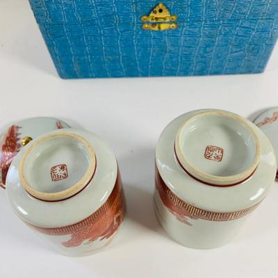 LOT 512: Vintage Japanese Silk and Embroidered Hankies and Robe, Kutani-ware Porcelain Cups with Lids, Lacquer Chop Sticks with Case,