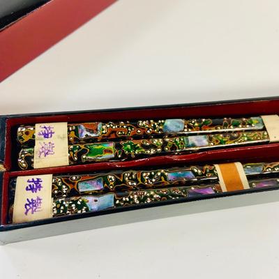 LOT 512: Vintage Japanese Silk and Embroidered Hankies and Robe, Kutani-ware Porcelain Cups with Lids, Lacquer Chop Sticks with Case,
