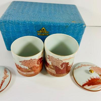 LOT 512: Vintage Japanese Silk and Embroidered Hankies and Robe, Kutani-ware Porcelain Cups with Lids, Lacquer Chop Sticks with Case,