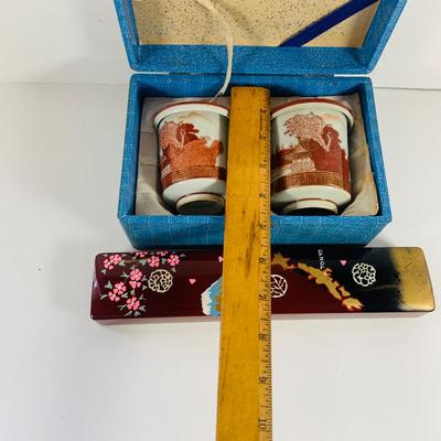 LOT 512: Vintage Japanese Silk and Embroidered Hankies and Robe, Kutani-ware Porcelain Cups with Lids, Lacquer Chop Sticks with Case,