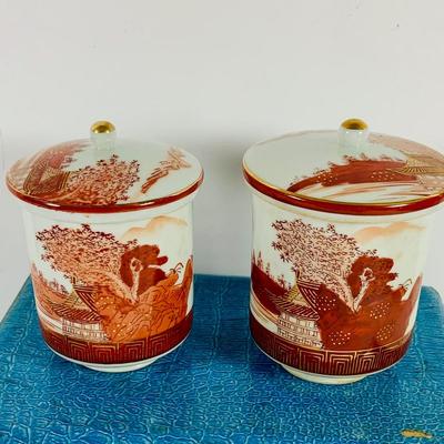 LOT 512: Vintage Japanese Silk and Embroidered Hankies and Robe, Kutani-ware Porcelain Cups with Lids, Lacquer Chop Sticks with Case,