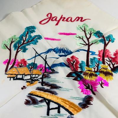 LOT 512: Vintage Japanese Silk and Embroidered Hankies and Robe, Kutani-ware Porcelain Cups with Lids, Lacquer Chop Sticks with Case,