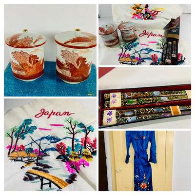LOT 512: Vintage Japanese Silk and Embroidered Hankies and Robe, Kutani-ware Porcelain Cups with Lids, Lacquer Chop Sticks with Case,
