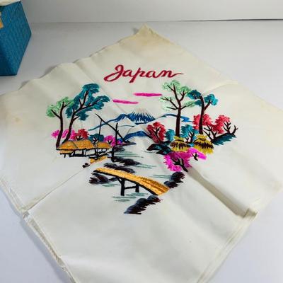 LOT 512: Vintage Japanese Silk and Embroidered Hankies and Robe, Kutani-ware Porcelain Cups with Lids, Lacquer Chop Sticks with Case,