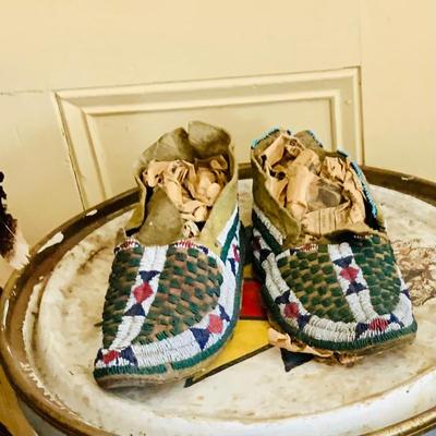 LOT 513: Vintage Replica Feathered and Beaded Head Dress, Beaded Vest, Vintage/Antique Moccasins and More