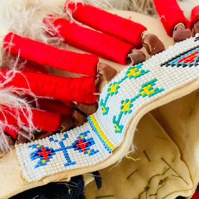 LOT 513: Vintage Replica Feathered and Beaded Head Dress, Beaded Vest, Vintage/Antique Moccasins and More