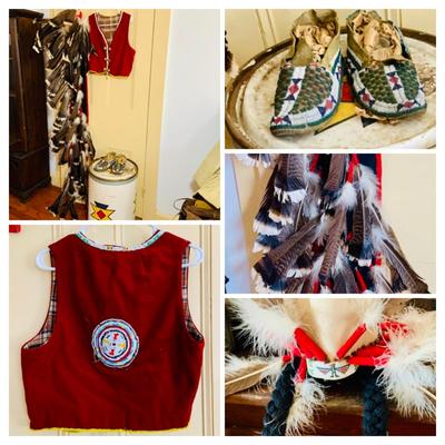 LOT 513: Vintage Replica Feathered and Beaded Head Dress, Beaded Vest, Vintage/Antique Moccasins and More