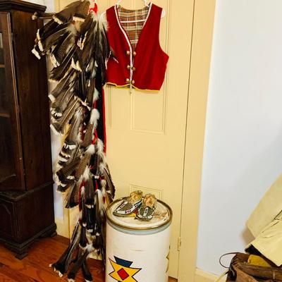 LOT 513: Vintage Replica Feathered and Beaded Head Dress, Beaded Vest, Vintage/Antique Moccasins and More