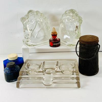 LOT 516: Vintage/Antique Glass Inkwell and Horse Head Book Ends, Ink an More