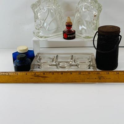 LOT 516: Vintage/Antique Glass Inkwell and Horse Head Book Ends, Ink an More