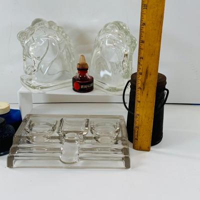 LOT 516: Vintage/Antique Glass Inkwell and Horse Head Book Ends, Ink an More