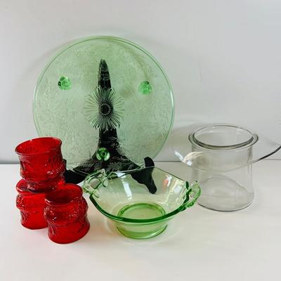 LOT 519: Beautiful Glass Collection Featuring Uranium Glass Cake Plate and Bowl with Handles, Red Glasses/Votive Candle Holders and a Top...