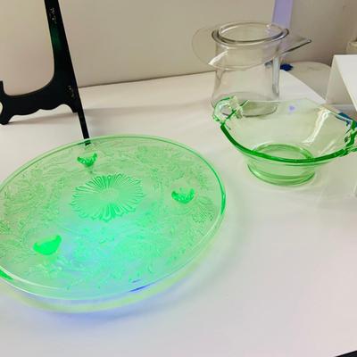 LOT 519: Beautiful Glass Collection Featuring Uranium Glass Cake Plate and Bowl with Handles, Red Glasses/Votive Candle Holders and a Top...