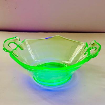 LOT 519: Beautiful Glass Collection Featuring Uranium Glass Cake Plate and Bowl with Handles, Red Glasses/Votive Candle Holders and a Top...