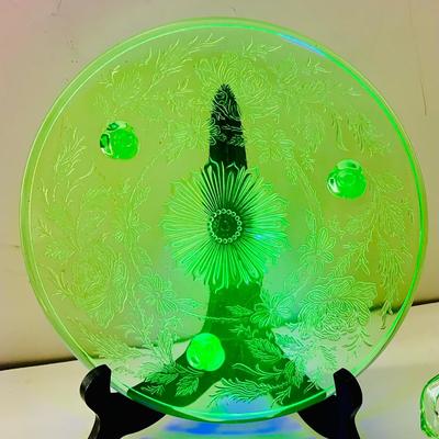 LOT 519: Beautiful Glass Collection Featuring Uranium Glass Cake Plate and Bowl with Handles, Red Glasses/Votive Candle Holders and a Top...
