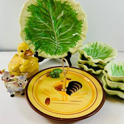 LOT520: Stangl Hand Painted Rooster Serving Plate with Handle, Cabbage Shaped Serving Bowl with Smaller Bowls, Ceramic Mold Duck Covered...