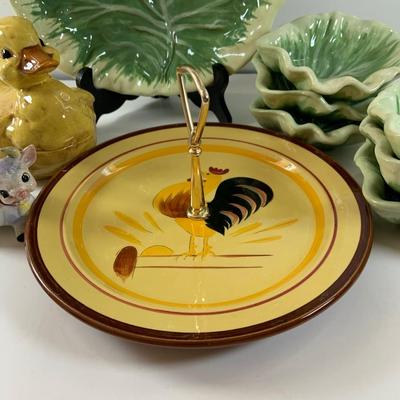 LOT520: Stangl Hand Painted Rooster Serving Plate with Handle, Cabbage Shaped Serving Bowl with Smaller Bowls, Ceramic Mold Duck Covered...