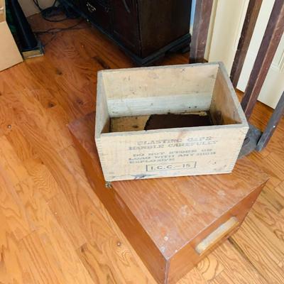 LOT:523: Assortment of Crates and Boxes Including a Dupont Blasting Caps Crate, Wooden Box and Long Crate