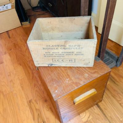 LOT:523: Assortment of Crates and Boxes Including a Dupont Blasting Caps Crate, Wooden Box and Long Crate