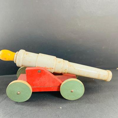 LOT 527: Collection of Vintage Toy Wood Soldiers and Wood Toy Canon and Metal Top