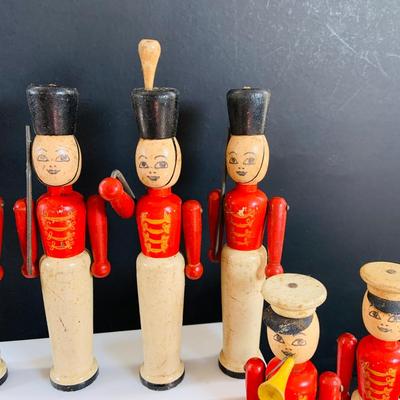 LOT 527: Collection of Vintage Toy Wood Soldiers and Wood Toy Canon and Metal Top