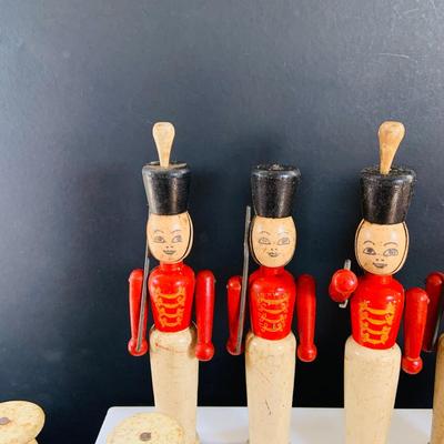 LOT 527: Collection of Vintage Toy Wood Soldiers and Wood Toy Canon and Metal Top