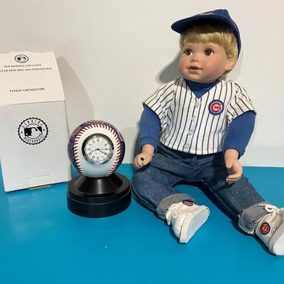 Cubs Porcelain Doll with Quartz Baseball Clock