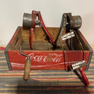 Coca-Cola Wooden Crate, Potato Ricers, Rug Plus