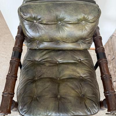 Vintage Green Leather Armchair with Wooden Frame & Brass Accents