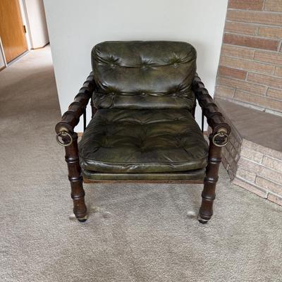 Vintage Green Leather Armchair with Wooden Frame & Brass Accents