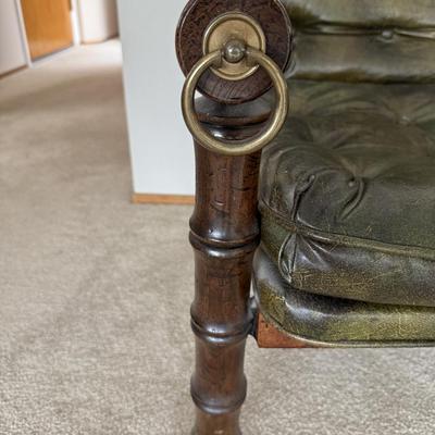Vintage Green Leather Armchair with Wooden Frame & Brass Accents