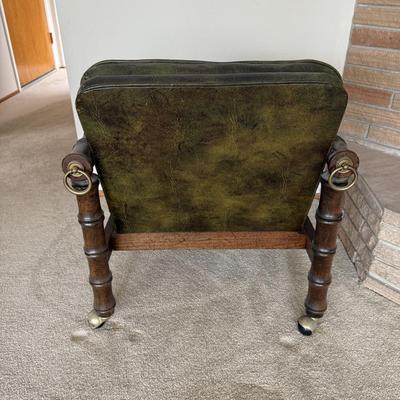 Vintage Green Leather Armchair with Wooden Frame & Brass Accents