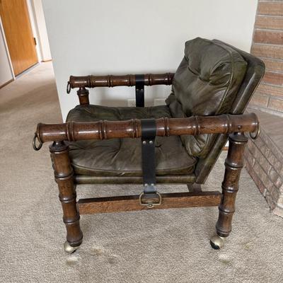 Vintage Green Leather Armchair with Wooden Frame & Brass Accents