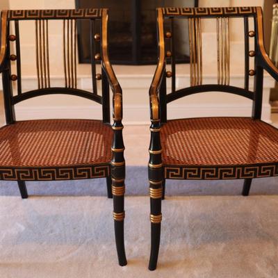 Pair of Black and Gold Painted Cane Seat Side Chairs